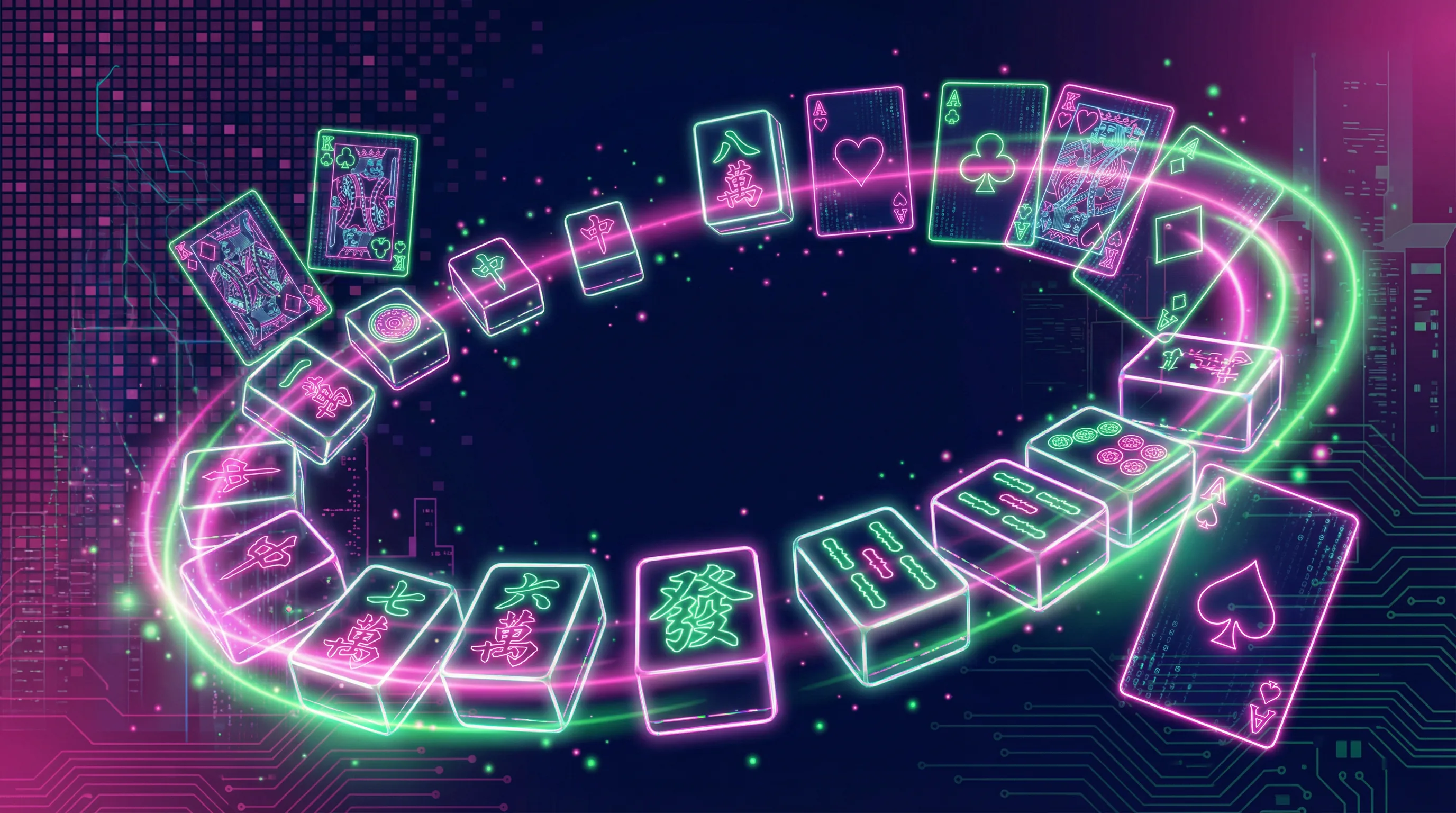 PG电子游戏-麻将牌与扑克-霓虹赛博朋克风格